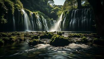 ai gegenereerd een waterval in de midden- van een Woud met rotsen en mos foto