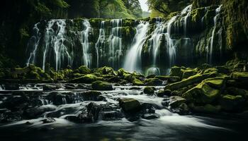 ai gegenereerd een rivier- vloeiende door een Woud met bemost rotsen foto