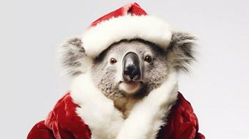 ai gegenereerd schattig koala rood de kerstman hoed achtergrond sneeuw ansichtkaart pluizig dieren geschenk rood winter foto