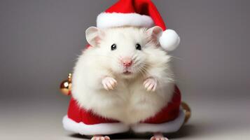 ai gegenereerd aanbiddelijk pluizig hamster de kerstman hoed zittend Kerstmis Cadeau doos lichten foto nieuw jaar poster