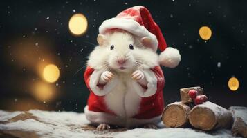 ai gegenereerd aanbiddelijk pluizig hamster de kerstman hoed zittend Kerstmis Cadeau doos lichten foto nieuw jaar poster