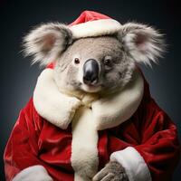 ai gegenereerd schattig koala rood de kerstman hoed achtergrond sneeuw ansichtkaart pluizig dieren geschenk rood winter foto