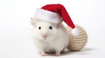 ai gegenereerd aanbiddelijk pluizig hamster de kerstman hoed zittend Kerstmis Cadeau doos lichten foto nieuw jaar poster