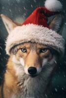 ai gegenereerd schattig konijn haas rood de kerstman hoed achtergrond sneeuw ansichtkaart pluizig dieren geschenk rood winter foto