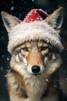 ai gegenereerd schattig konijn haas rood de kerstman hoed achtergrond sneeuw ansichtkaart pluizig dieren geschenk rood winter foto