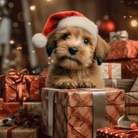 ai gegenereerd schattig hond schor wolf puppy met Kerstmis geschenk dozen concept foto poster vrolijk Cadeau rood nieuw jaar