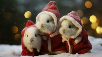 ai gegenereerd schattig hert rood de kerstman hoed achtergrond sneeuw ansichtkaart pluizig dieren geschenk rood winter foto