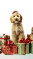 ai gegenereerd schattig hond puppy met Kerstmis geschenk dozen concept foto poster vrolijk Cadeau rood nieuw jaar