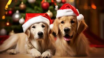 ai gegenereerd schattig hond puppy retriever met Kerstmis geschenk dozen concept foto poster vrolijk Cadeau rood nieuw jaar