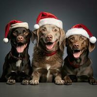 ai gegenereerd schattig hond schor wolf puppy met Kerstmis geschenk dozen concept foto poster vrolijk Cadeau rood nieuw jaar