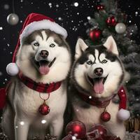 ai gegenereerd schattig hond schor wolf puppy met Kerstmis geschenk dozen concept foto poster vrolijk Cadeau rood nieuw jaar