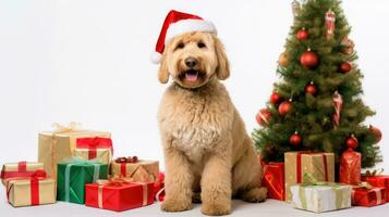 ai gegenereerd schattig hond puppy retriever met Kerstmis geschenk dozen concept foto poster vrolijk Cadeau rood nieuw jaar