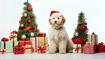 ai gegenereerd schattig hond puppy retriever met Kerstmis geschenk dozen concept foto poster vrolijk Cadeau rood nieuw jaar