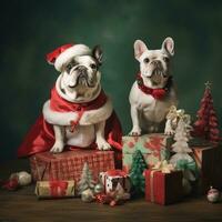 ai gegenereerd schattig hond puppy met Kerstmis geschenk dozen concept foto poster vrolijk Cadeau rood nieuw jaar