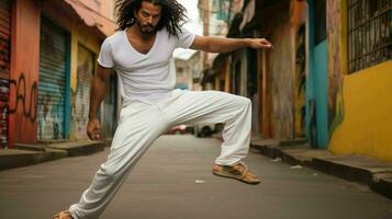 ai gegenereerd een braziliaans capoeira beoefenaar in wit kleren foto