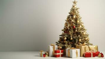 ai gegenereerd Kerstmis boom en cadeaus Aan de minimalistische achtergrond foto