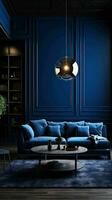 ai gegenereerd donker blauw modern stijl leven kamer interieur foto