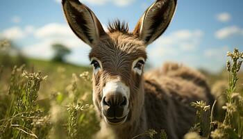 ai gegenereerd schattig katje zittend in gras, staren Bij zonsondergang met nieuwsgierigheid gegenereerd door ai foto