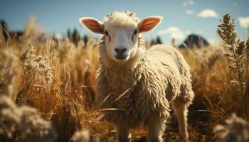 ai gegenereerd schattig alpaca staren, pluizig vacht, onschuld in haar ogen gegenereerd door ai foto