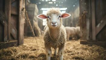 ai gegenereerd schattig alpaca staren, pluizig vacht, onschuld in haar ogen gegenereerd door ai foto