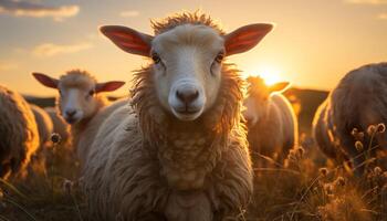 ai gegenereerd schattig alpaca begrazing in weide, staren onschuldig Bij camera gegenereerd door ai foto