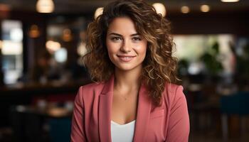 ai gegenereerd jong vrouw zittend in een slaapkamer, lachend, op zoek Bij camera gegenereerd door ai foto