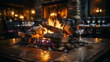 ai gegenereerd knus hout brandend fornuis verwarmt omhoog leven kamer in winter gegenereerd door ai foto