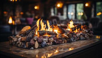 ai gegenereerd knus hout brandend fornuis verwarmt omhoog leven kamer in winter gegenereerd door ai foto