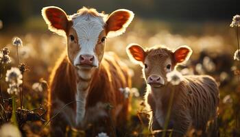 ai gegenereerd schattig big begrazing Aan groen weide, op zoek Bij madeliefje gegenereerd door ai foto