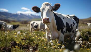 ai gegenereerd schattig big begrazing Aan groen weide, op zoek Bij madeliefje gegenereerd door ai foto