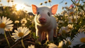 ai gegenereerd schattig big begrazing Aan groen weide, op zoek Bij madeliefje gegenereerd door ai foto