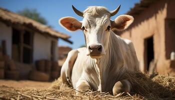 ai gegenereerd schattig big begrazing Aan groen weide, op zoek Bij madeliefje gegenereerd door ai foto