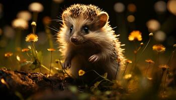 ai gegenereerd schattig egel zittend Aan gras, alarm in herfst Woud gegenereerd door ai foto