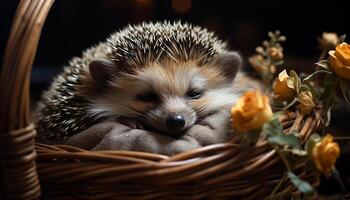 ai gegenereerd schattig egel zittend Aan gras, alarm in herfst Woud gegenereerd door ai foto