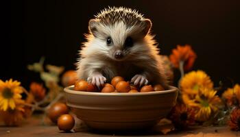 ai gegenereerd schattig egel zittend Aan gras, alarm in herfst Woud gegenereerd door ai foto