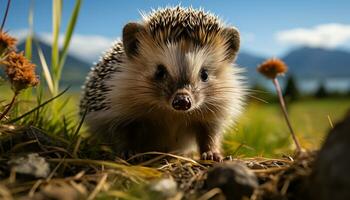 ai gegenereerd schattig egel zittend Aan gras, alarm in herfst Woud gegenereerd door ai foto