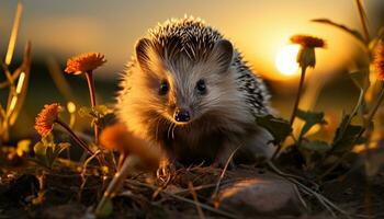 ai gegenereerd schattig egel zittend Aan gras, alarm in herfst Woud gegenereerd door ai foto