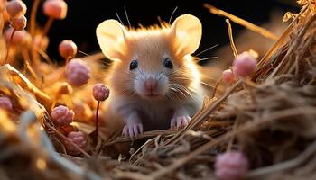 ai gegenereerd schattig klein zoogdier aan het eten fruit Aan groen gras buitenshuis gegenereerd door ai foto