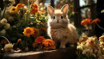 ai gegenereerd schattig klein zoogdier aan het eten fruit Aan groen gras buitenshuis gegenereerd door ai foto