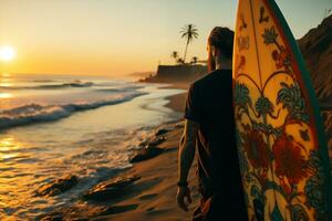 ai gegenereerd mooi mannetje surfer met surfboard Aan de zanderig strand. water sport. gezond actief levensstijl. surfen. extreem sport. foto