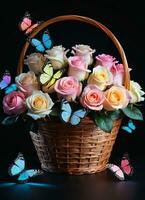 ai gegenereerd foto van de mand met pastel kleuren rozen en vlinders