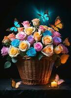 ai gegenereerd foto van de mand met pastel kleuren rozen en vlinders