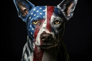 ai gegenereerd een hond met vacht gekleurde in de kleuren van de ons vlag. verkiezingen, ons onafhankelijkheid dag. patriottisch hond. generatief ai foto