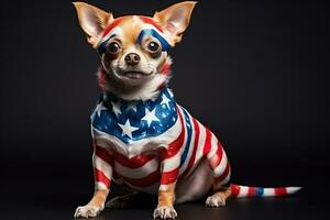 ai gegenereerd een hond met vacht gekleurde in de kleuren van de ons vlag. verkiezingen, ons onafhankelijkheid dag. patriottisch hond. generatief ai foto