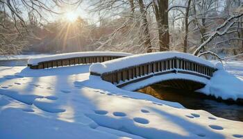 ai gegenereerd sneeuw gedekt brug Bij zonsopkomst foto