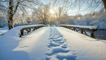 ai gegenereerd sneeuw gedekt brug met sporen Bij zonsopkomst foto