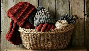 ai gegenereerd houten mand gevulde met gebreid winter accessoires foto