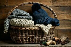 ai gegenereerd houten mand vulling met winter accessoires foto