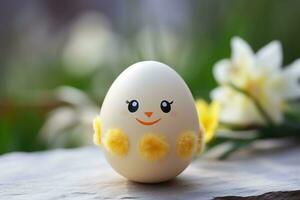ai gegenereerd Pasen ei met een smiley gezicht en bloemen. generatief ai. foto