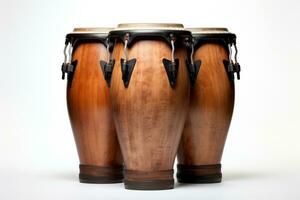 ai gegenereerd drie conga drums geïsoleerd Aan wit achtergrond. traditioneel percussie musical instrument van afrocubaans en Latijns Amerikaans cultuur. geschikt voor muziekgerelateerd projecten en cultureel ontwerpen foto